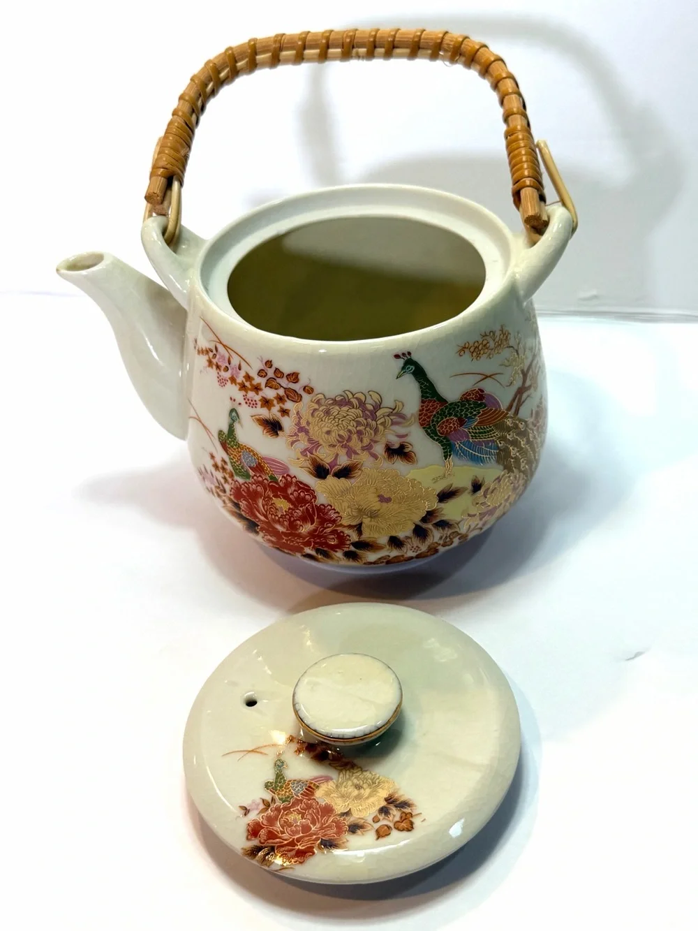Vintage Peacock and Floral Teapot in Cream with Gold Accents